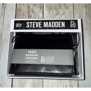 Steve Madden Trifold Wallet Mens Black Genuine Leather RFID Protection NEW